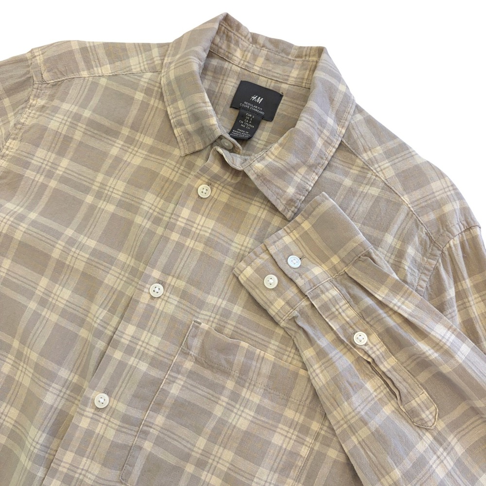 H&M Linen Blend Button Down Shirt Mens S Regular Fit Plaid Long Sleeve Tan Beige